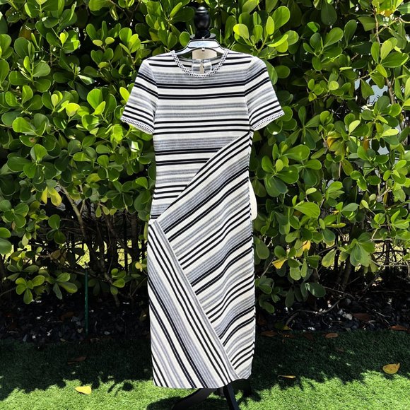 Badgley Mischka Navy Sheath Striped Dress Size 2 - Picture 1 of 13